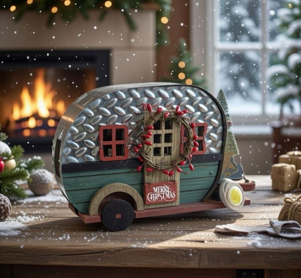 Vintage Metal Rustic Camper w/Merry Christmas Tree Lights Retro Woody Home Decor